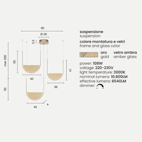 Lampada a sospensione 90 cm 3 Luci LED LOTUS con inserto in vetro granigliato ORO