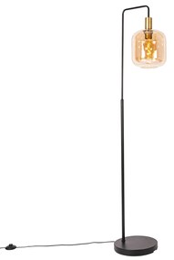 Lampada da terra di design nera con ottone e vetro ambrato - Zuzanna