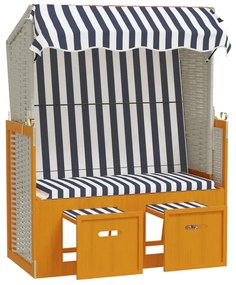 Strandkorb con Tettoia Polyrattan e Legno Massello Bianco e Blu