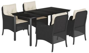 Set da pranzo da giardino 5 pz nero con cuscini in polyrattan