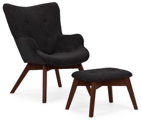 Poltrona con poggiapiedi nera con rivestimento in velluto a coste Niko – Ropez