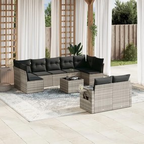 Set divano giardino 10 pz con cuscini grigio chiaro polyrattan