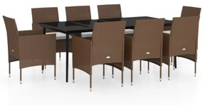 Set da pranzo da giardino con cuscini 9 pz marrone e nero
