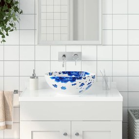 Lavabo Da Appoggio Bianco E Blu Rotondo ?41x14 Cm Ceramica /