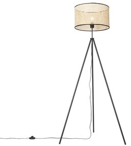 Lampada da terra rustica treppiede nera con paralume in rattan - Kata