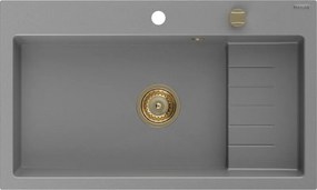 Mexen Omar lavello da cucina in granito ad 1 vasca 800 x 480 mm, grigio, sifone dorato - 6520801005-71-G