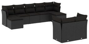 Set divani da giardino 9 pz con cuscini nero in polyrattan