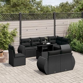 Set divani da giardino 9 pz con cuscini nero in polyrattan