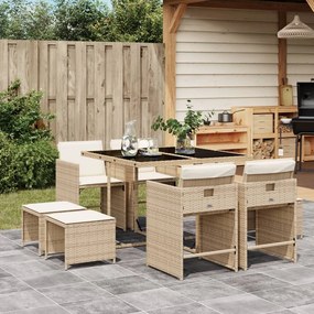 Set da pranzo da giardino 9 pz con cuscini beige in polyrattan