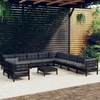 Set Divani da Giardino 12 pz con Cuscini Neri Massello di Pino cod mxl 43374