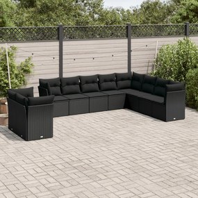 Set Divani da Giardino 10pz con Cuscini in Polyrattan Nero