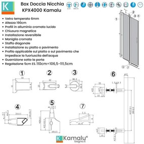 Kamalu - doccia nicchia 120cm battente con 2 fissi laterali kpx6000