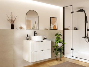 Mobile per bagno sospeso con scanalature e lavabo tondo da appoggio 80 cm Bianco opaco - ZEVINI