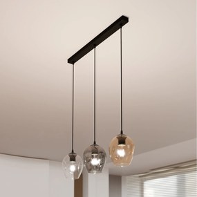 Lampadario 3 Luci Fuxi In Acciaio Nero E Vetri Ambra, Trasparente E Fumè