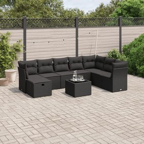 Set divani da giardino 9 pz con cuscini nero in polyrattan