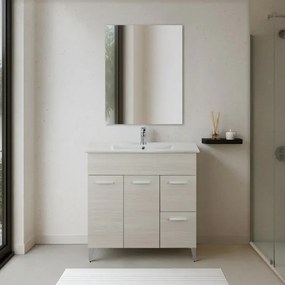 Mobile bagno 80 cm in melaminico larice con due ante e due cassetti consolle in ceramica e specchio