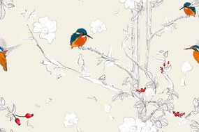 Carta da parati – Uccellini nella foresta fitta con sfondo beige