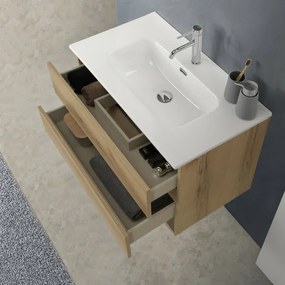 Mobile bagno sospeso 80 cm in legno quercia naturale 2 cassettoni con lavabo e specchio Leda
