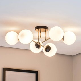 EMIBIG LIGHTING Plafoniera Magnum, a 6 luci, bianco opalino/oro/nero, vetro