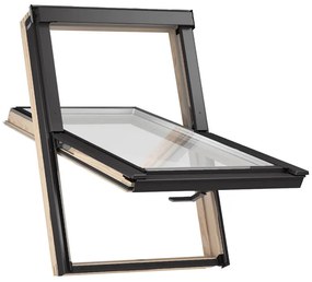 Finestra da tetto con tenda interna oscurante beige, legno, RoofLite+ Slim Pine, legno naturale di pino, esterno grigio antracite simile a RAL 7016