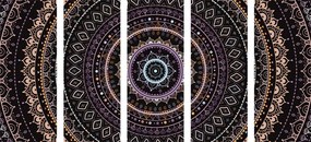Quadri 5 pezzi – Mandala con motivo del sole in tonalità viola