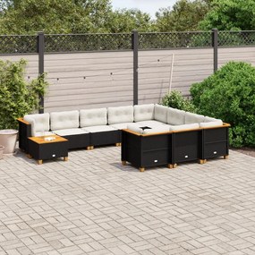 Set divani da giardino 11 pz con cuscini in polyrattan nero