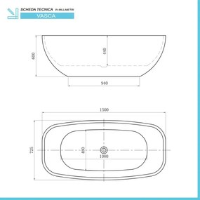 Vasca da bagno freestanding ovale 72,5x150 cm con scarico incluso Giada