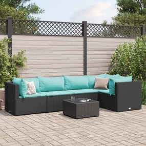 Set mobili da giardino 6 pz con cuscini in polyrattan nero