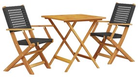 Set da bistrot 3 pz nero in polyrattan e legno massello