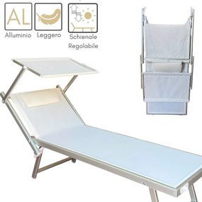 Set 2 Lettini a Sdraio Prendisole Pieghevoli, da Giardino con Tettuccio e Cuscino, Schienale Regolabile – 189x58x36h Bianco