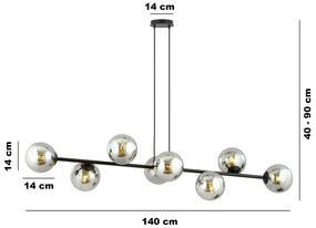 Lampadario Contemporaneo 8 Luci Rossi In Acciaio Nero E Sfere In Vetro Fumè