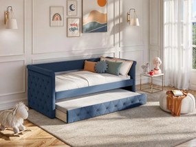 Letto singolo con letto estraibile capitonné  2 x 90 x 190 cm in tessuto blu - LOUISE