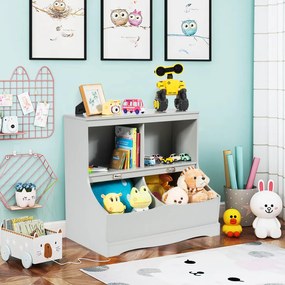 Costway Organizer giocattoli con 2 scompartimenti aperti e 2 contenitori, Libreria multiuso con pedana per bambini Grigio