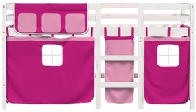 Letto a soppalco con tende bambini rosa 90x200 cm massello pino