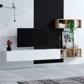 Mobile Porta TV Sospeso 215 Cm Bianco Con Mensole Effetto Legno Pia