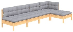 Set divani da giardino 5 pz con cuscini grigi massello di pino