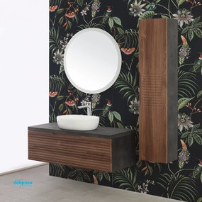 Mobile Bagno Sospeso "Ravello 2" Da 110 cm Con Un Cassetto Lavabo D'appoggio E Specchio Serigrafato Colore Noce Canaletto/Ardesia