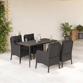 Set da pranzo da giardino 5 pz nero con cuscini in polyrattan