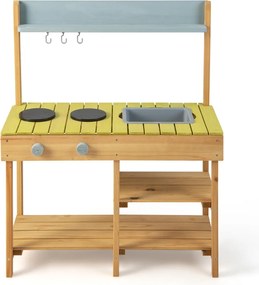 Costway Cucina giocattolo da esterno con 3 ganci appendibili 2 fornelli per bambini, Set da cucina giocattolo lavello rimovibile e scaffali aperti Naturale