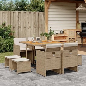 Set da pranzo da giardino 9 pz con cuscini beige in polyrattan