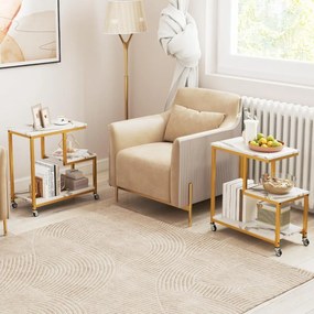 Costway Tavolino laterale a forma di g con 3 livelli e mensole aperte, Piccolo tavolo da divano con ruote bloccabili per soggiorno e altri spazi