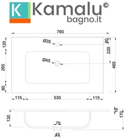 Kamalu - Lavabo da incasso 76cm per mobile in ceramica bianca |Litos-K7075