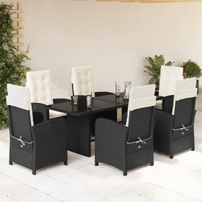 Set da pranzo da giardino 7 pz nero con cuscini in polyrattan