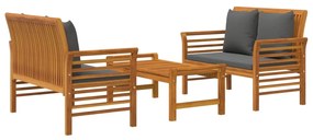 Set mobili da giardino 3pz con cuscini legno massello di acacia