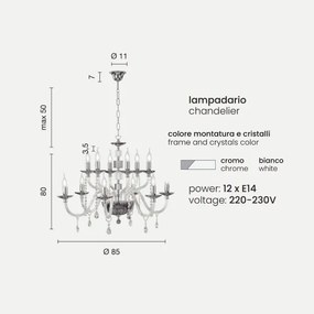Lampadario sospeso LIVIA D85 cm in vetro e cristallo Bianco 12 luci