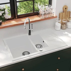 Lavello Da Cucina İn Granito Vasca Doppia Bianco /
