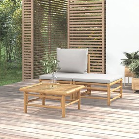 Set salotto da giardino 3pz con cuscini grigio chiaro bambù