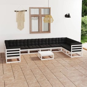 Set divani da giardino 11pz con cuscini massello di pino bianco