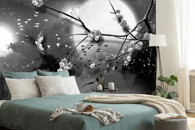 Carta da parati – Rami d'albero in bianco e nero sotto la luna piena