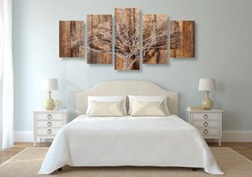 Quadri 5 pezzi – Albero con imitazione di sfondo in legno